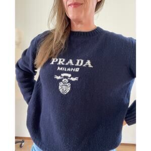 Women's 44 (8) Cashmere wool Prada logo crew-neck sweater Navy L Spellout knit